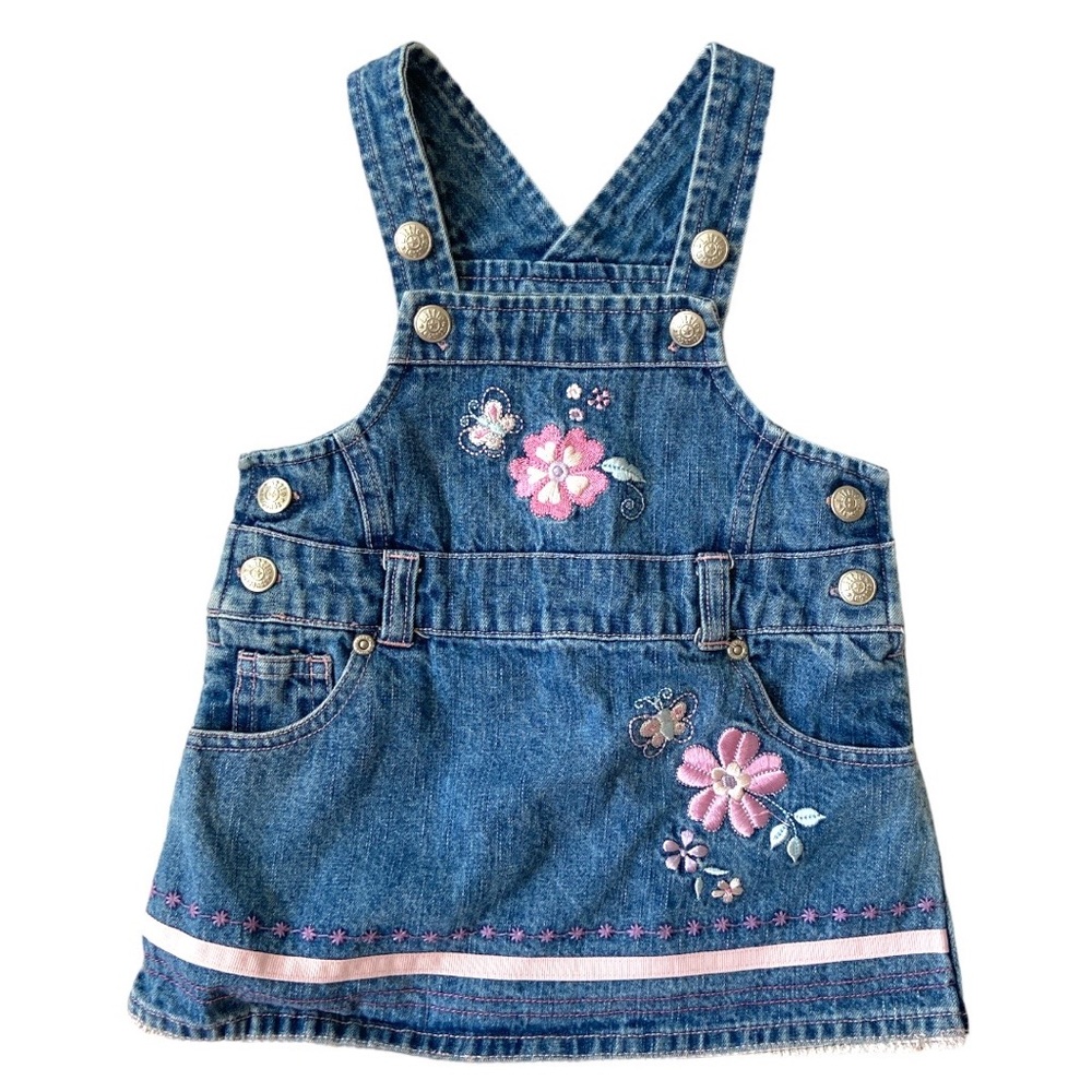 VINTAGE Y2K Overalls Skirt Dress Jumper Romper Floral Applique Denim Jean Pink